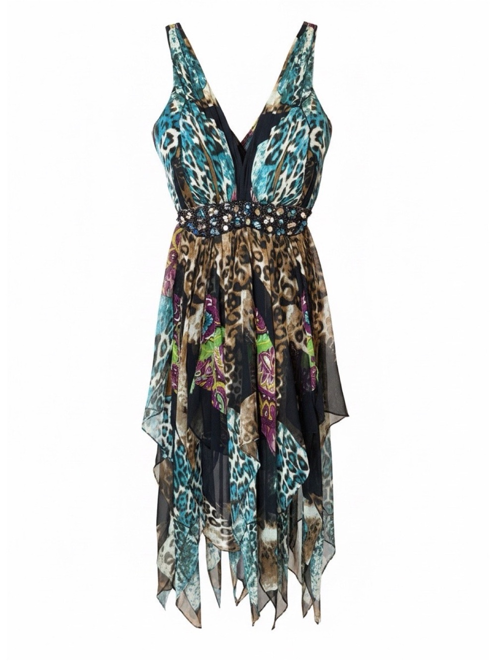 JOVANI 100% Silk Beaded Animal Print Handkerchief Hem Maxi Dress - Picture 5 of 10